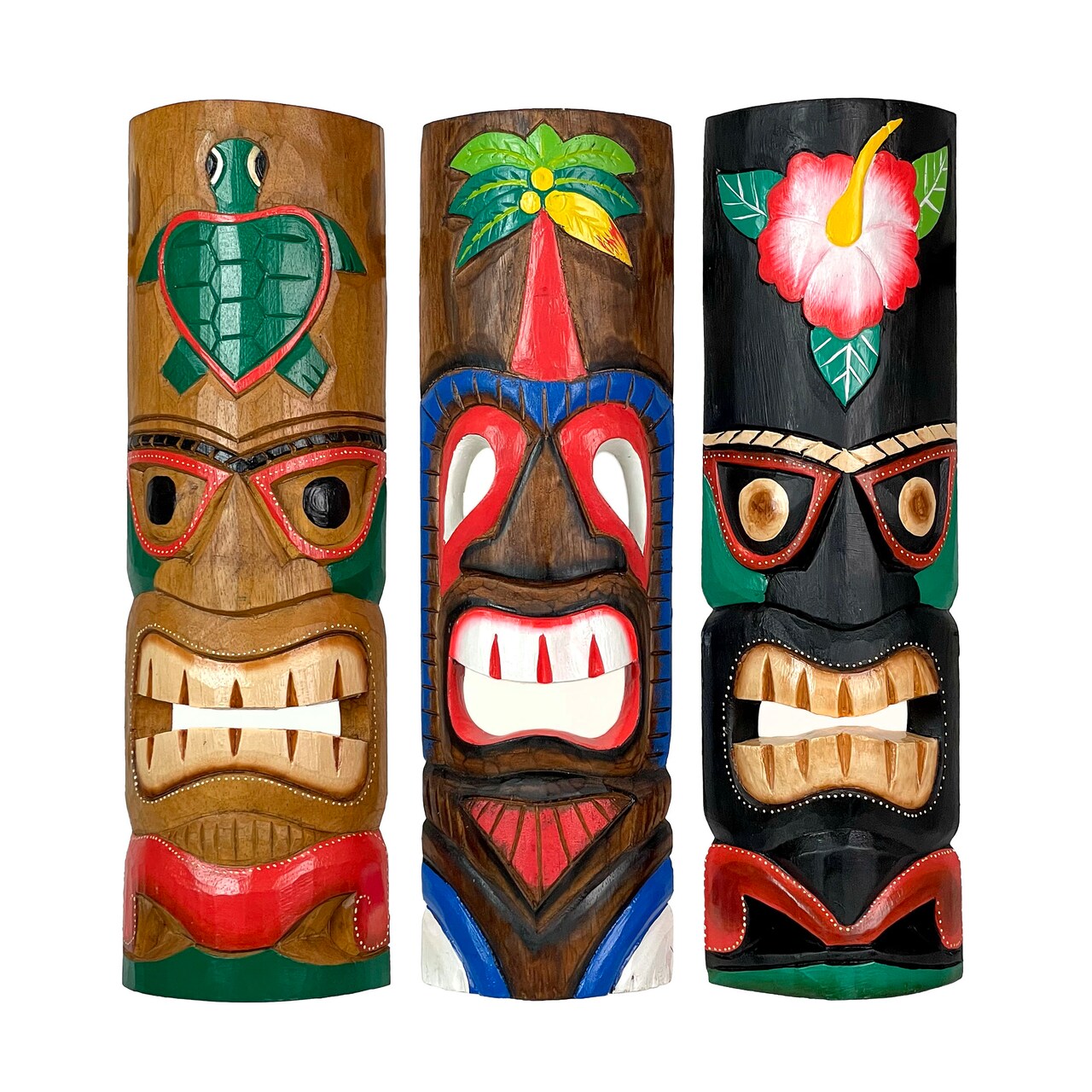Set of 3 Colorful Hawaiian Island Style Wooden Tiki Wall Masks 20 Inches High